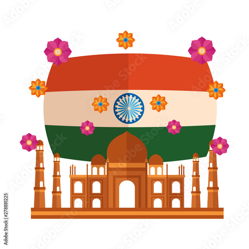 taj mahal indian mosque with flag and flowers