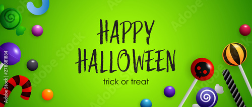 Happy Halloween, Trick or Treat lettering with cute candies. Invitation or advertising design. Typed text, calligraphy. For leaflets, brochures, invitations, posters or banners.