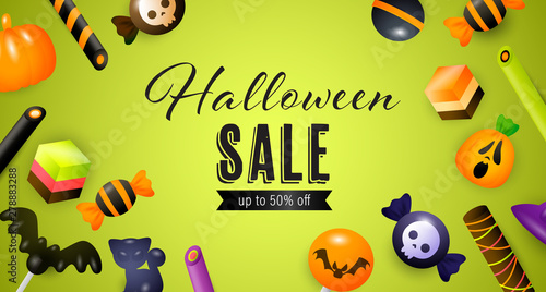 Halloween sale lettering with candies, cakes and sweets. Invitation or advertising design. Handwritten and typed text, calligraphy. For leaflets, brochures, invitations, posters or banners.