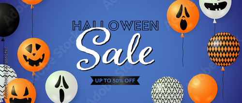 Halloween Sale, up to fifty percent off lettering with balloons. Invitation or advertising design. Handwritten and typed text, calligraphy. For leaflets, brochures, invitations, posters or banners.