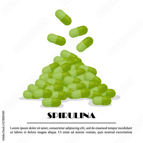 Spirulina falling pills, algae nutritional supplement in capsules isolated on white background, vector illustration. Healthy food