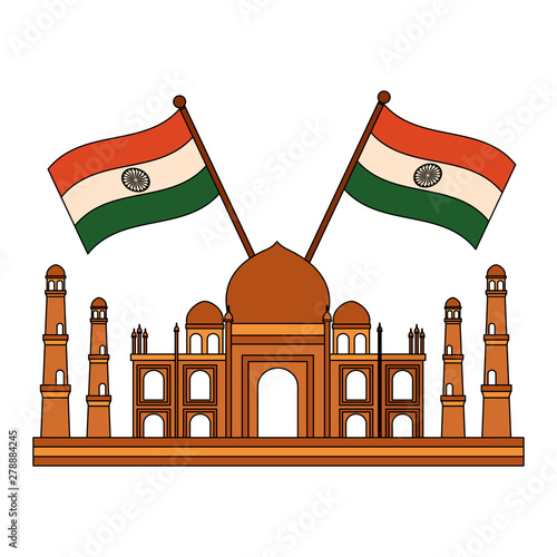 taj mahal indian mosque with flags crossed