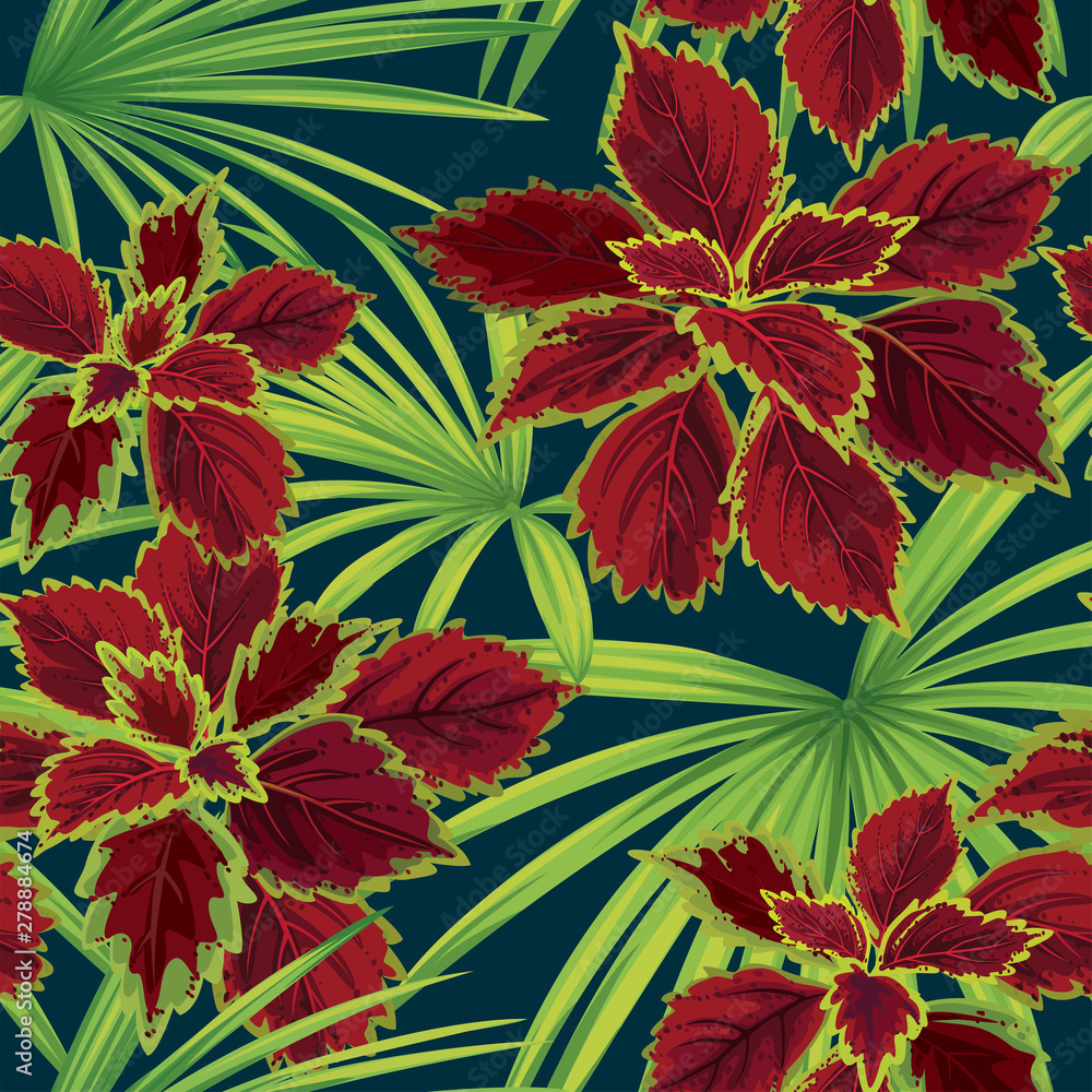 Obraz premium Tropical seamless pattern of coleus leaves with palm leaf background. Vector set of exotic tropical garden for holiday invitations, greeting card and fashion design.