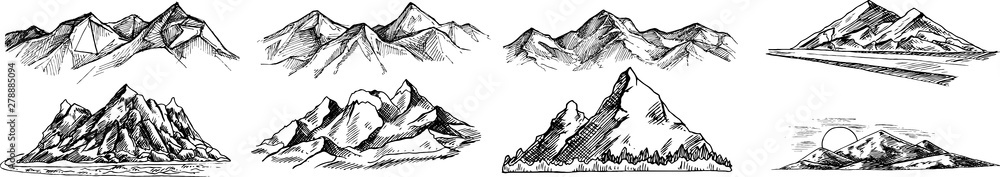 Silhouette of mountains. Black and white image of the contour of the hills. Vector image of stones, terrain, relief, rocks. Design element.