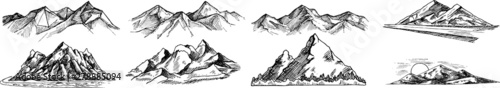 Silhouette of mountains. Black and white image of the contour of the hills. Vector image of stones, terrain, relief, rocks. Design element.