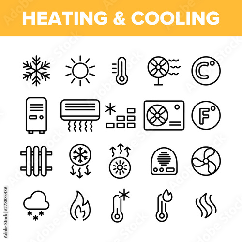 Heating And Cooling System Vector Linear Icons Set. Heating And Cooling Air Conditioning Outline Symbols Pack. Temperature Control Equipment. Radiator, Fan, Thermometer Isolated Contour Illustrations