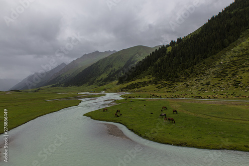 Aksu river in Enilchek valley with green mountains in Kyrgyzstan photo