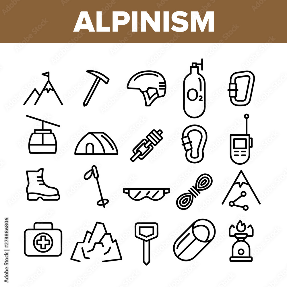 Obraz premium Alpinism And Mountaineering Equipment Vector Linear Icons Set. Alpinism Extreme Hobby Outline Symbols Pack. Mountain Climbing, Hiking Instruments And Tools Isolated Contour Illustrations