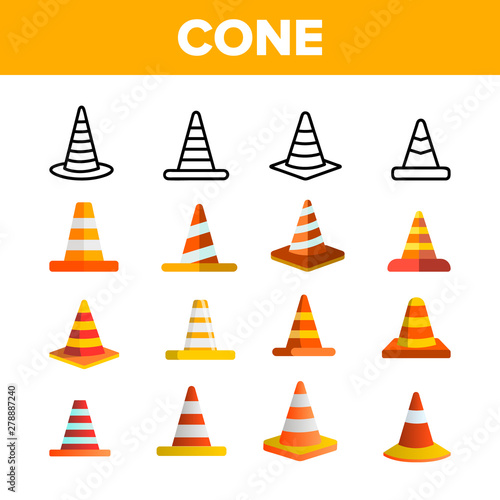 Traffic Orange Cones Vector Color Icons Set. Road Safety Plastic Cones Linear Symbols Pack. Under Construction Caution, Roadworks Warning Sign. Highway Pylon Isolated Flat Illustrations