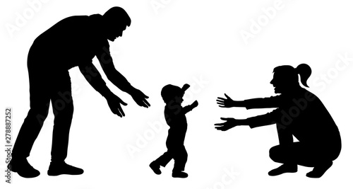 Baby first steps silhouette vector. Family event baby goes to mom
