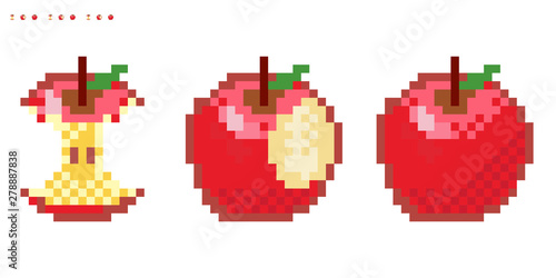 Set of minimalistic pixel art vector fruits isolated.game 8 bit style.symbols group collection. whole apple, bitten and stub