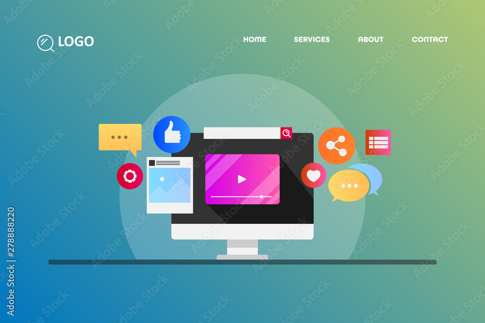 Fototapeta premium Video marketing, social media, content promotion concept with icons and text.