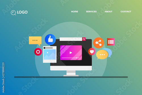 Video marketing, social media, content promotion concept with icons and text.