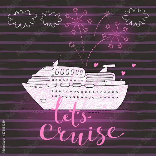 Cute card with a cruise ship and fireworks. Concept for honeymoon trip, vacation, journey, travel. Vector illustration