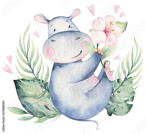 Hand drawn cute isolated tropical summer watercolor hippo animals. hippopotamus baby and mother cartoon animal illustrations, jungle tree, brazil trendy design. Aloha collection. © kris_art