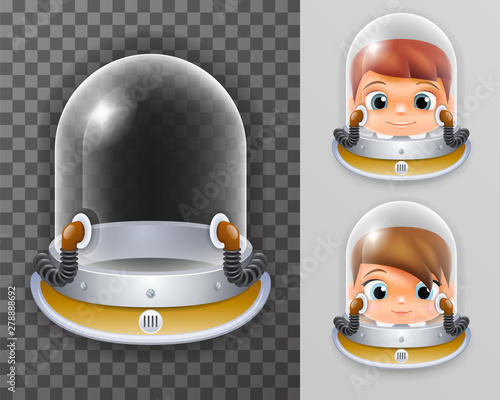 Scientist cosmonaut helmet realistic 3d astronaut spaceman boy girl tantamareska transparent glass background icon template mock up design vector illustration