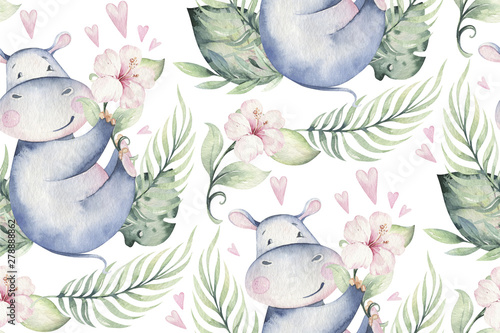 Hand drawn cute isolated tropical summer watercolor hippo animals seamless pattern. hippopotamus baby and mother cartoon animal illustrations, jungle tree, brazil trendy design.