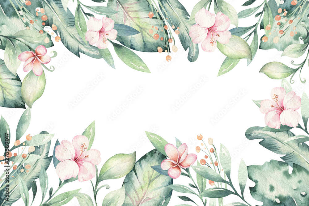 Fototapeta Hand drawn watercolor tropical flower background. Exotic palm leaves, jungle tree, brazil tropic botanical decoration botany elements and flowers. Perfect for fabric design.