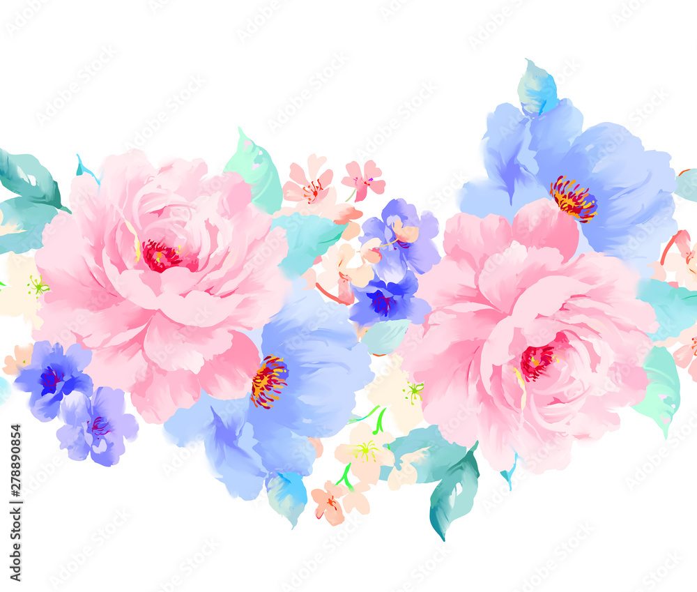 Beautiful elegant watercolor peony flower and rose flower illustration