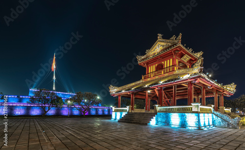 Phu Van Pavilion at night in front of the Imperial City in Hue, Vietnam