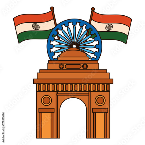 indian flags with ashoka chakra and gate building