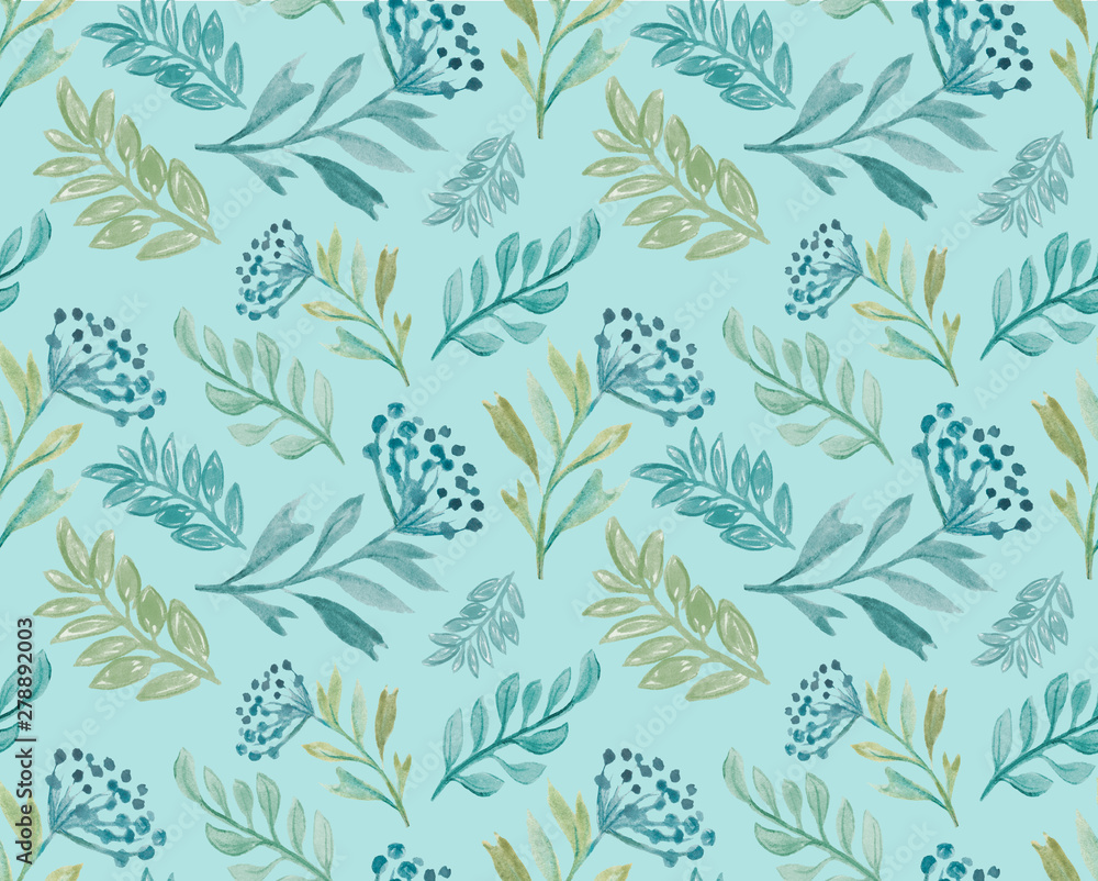 Tender watercolour floral seamless pattern with leaves and berries, hand-drawn. Can be used as print for textile, deco