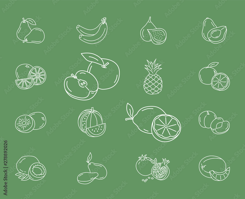 Fruit Icons set - Vector outline symbols of vegetarian food for the site or interface Fruit Icons set - Vector outline symbols of vegetarian food for the site or interface