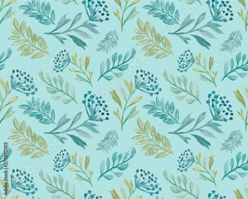 Tender watercolour floral seamless pattern with leaves and berries  hand-drawn. Can be used as print for textile  deco