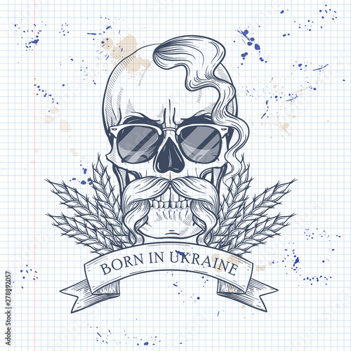 Notebook page sketch design, skull with Ukrainian flag, mustaches, spikes of wheat, oseledets hairstyle, sunglasses