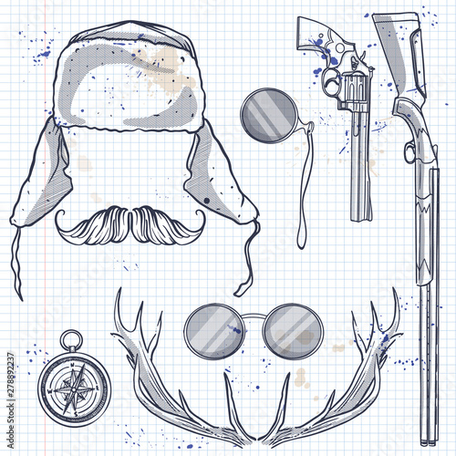 Hand drawn sketch, hunters attributes in two color design on a notebook page
