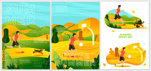 Vector summer posters set - running with dog in park, and basketball player. Forests, trees and hills on background. Print template with place for your text.