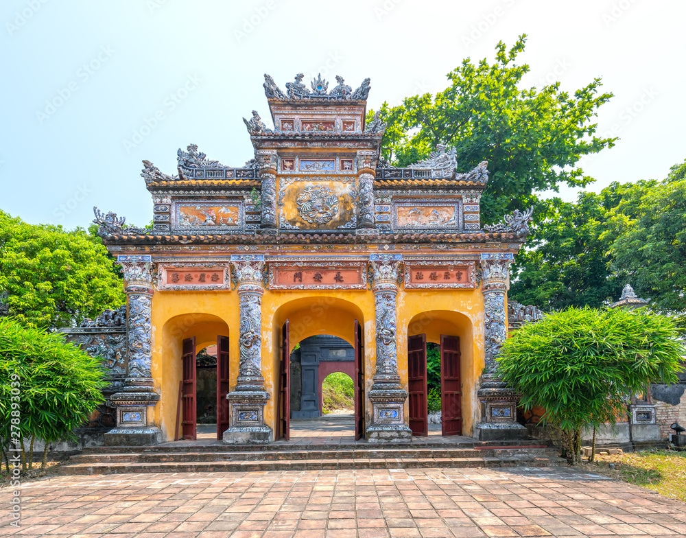 Fototapeta premium Colorful imperial city gate. This is lead into the forbidden city where the feudal king work Imperial Royal was in the 19th century in Hue, Vietnam