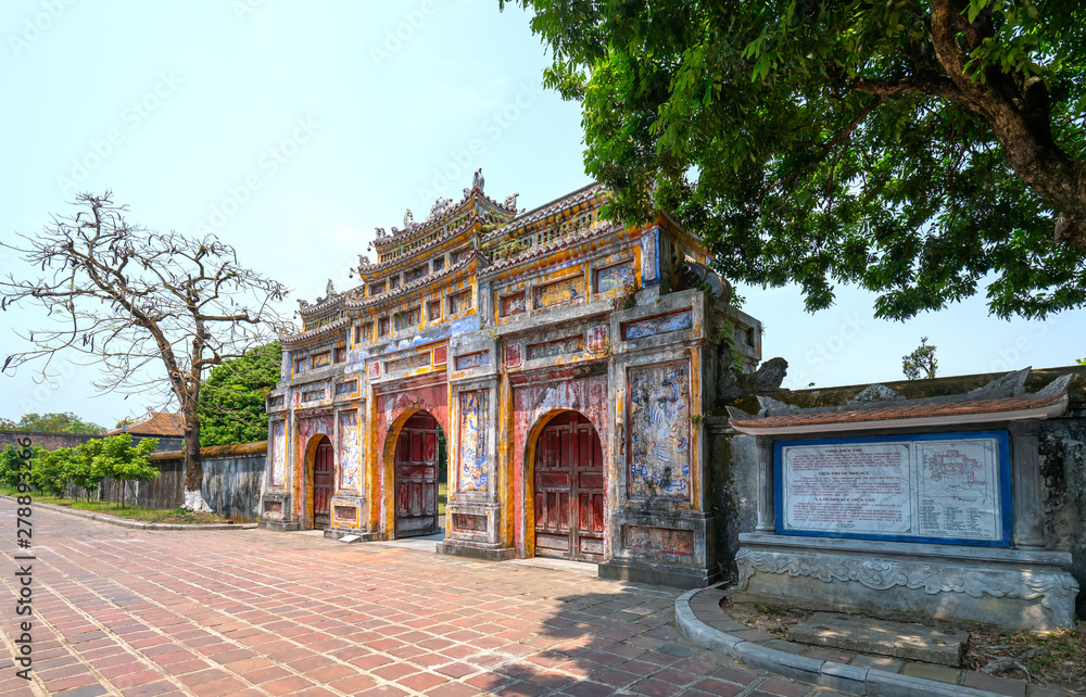 Fototapeta premium Colorful imperial city gate. This is lead into the forbidden city where the feudal king work Imperial Royal was in the 19th century in Hue, Vietnam