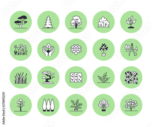Trees flat line icons set. Plants, landscape design, fir tree, succulent, privacy shrub, lawn grass, flowers vector illustrations. Thin signs for garden store