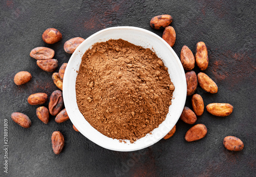 Bowl with Cocoa powder and beans