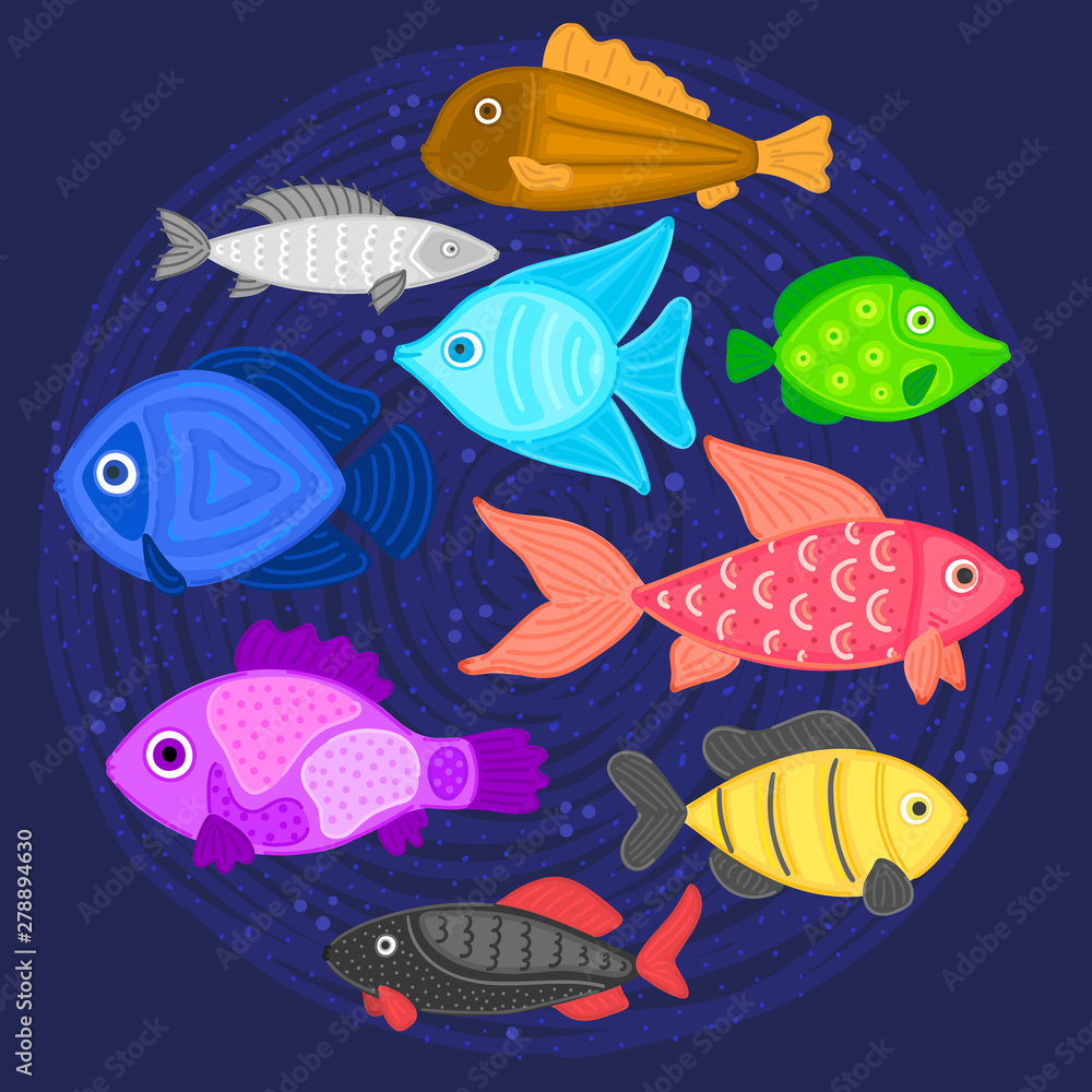 Vector colorful cartoon fish in circular shape. Undersea world. Aquarium.  Cute marine life. Pisces. Brochure, flyer, label, cover, poster, banner,  package, presentation, print on clothes, card. Eps10 Stock Vector | Adobe  Stock