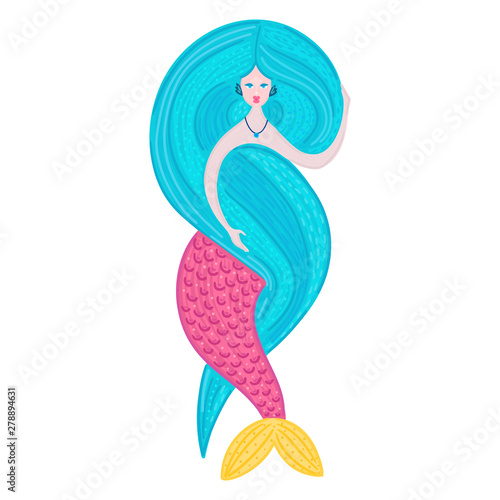 Vector mermaid. Sea girl. Beautiful woman with tail. Marine life. Nixie with long lush hair. Creative colorful author's design. Poster, phone case, card, cover, sticker, print on clothes, label. Eps10