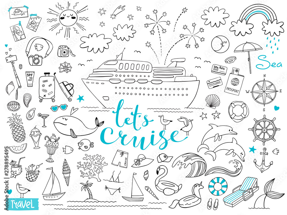 Graphic set of elements. Journey on a cruise ship. Package tour. Vector illustration on the theme of sea travel Graphic set of elements. Journey on a cruise ship. Package tour. Vector illustration on the theme of sea travel