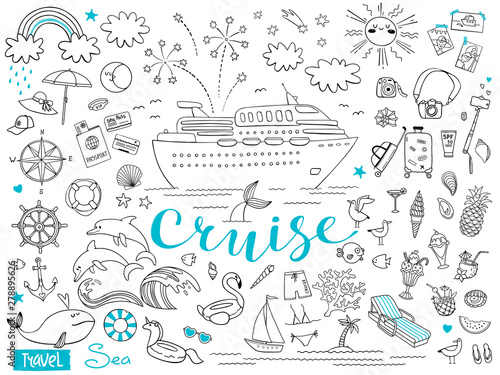 Graphic set of elements. Journey on a cruise ship. Package tour. Vector illustration on the theme of sea travel