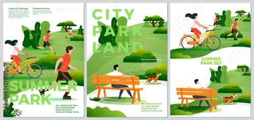 Vector summer posters set - natural parkland activities. Forests, trees and hills on background. Print template with place for your text.