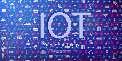 Internet of things (IoT) and networking concept for connected devices. Spider web of network connections with on a futuristic blue background