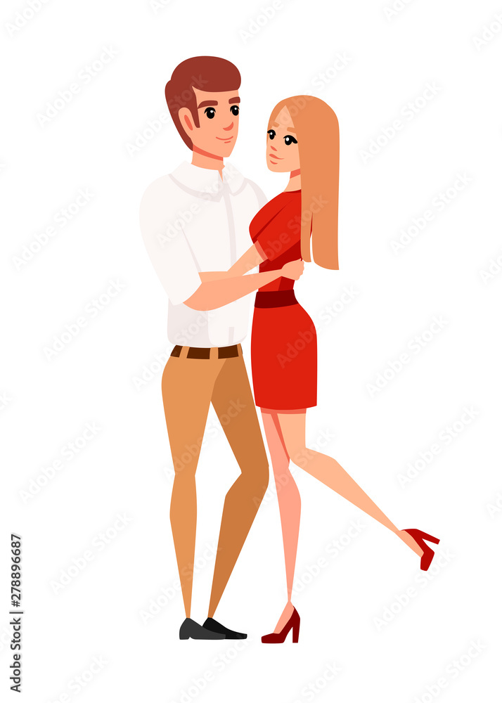 Man and women in love hugging couple cartoon character design flat vector illustration isolated on white background Man and women in love hugging couple cartoon character design flat vector illustration isolated on white background
