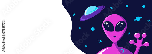 Extraterrestrial greets welcome hand concept. Invitation card on a fantasy space theme with a portrait of a purple alien and flying saucer ship spacecraft. Copy space vector illustration