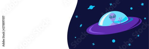 Extraterrestrial spacecraft flying saucer with an alien on board against the background of the starry sky of the galaxy. Template for invitation banners