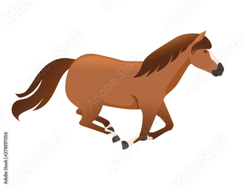 Brown horse wild or domestic animal running cartoon design flat vector illustration isolated on white background