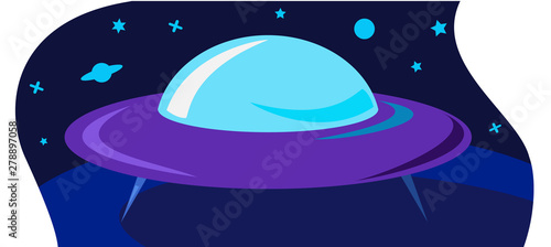 Flat design purple alien spaceship with blue glass and short legs standing on the surface of the planet on the star-background sky of the universe. Vector illustration of a spacecraft