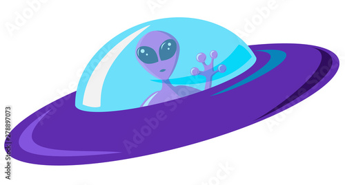 Flat design purple alien spaceship with blue glass. Pink martian with huge eyes is sitting in a ship and waving a greeting. Vector illustration of a spacecraft isolated in white background