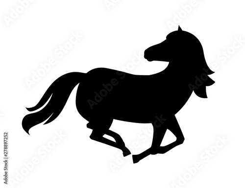 Black silhouette horse wild or domestic animal running with head looks back cartoon design flat vector illustration isolated on white background