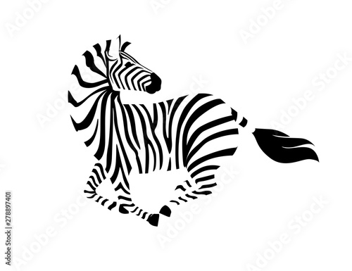 African zebra running with head looks back side view outline striped silhouette animal design flat vector illustration isolated on white background