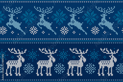 Christmas Knitting Pattern with Reindeer and Elk. Scheme for Wool Knit Winter Holiday Sweater Seamless Pattern Design or Cross Stitch Embroidery